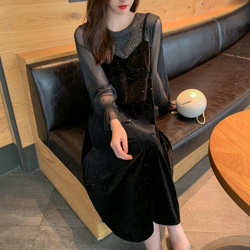 孕妇装秋装新款孕妇连衣裙时尚过膝黑色哺乳长裙潮妈秋季长袖裙子