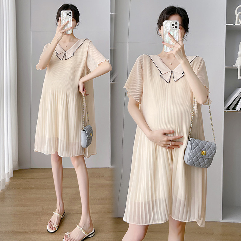 夏季雪纺孕妇连衣裙时尚宽松百褶翻领上衣夏天薄款洋气减龄孕妇裙