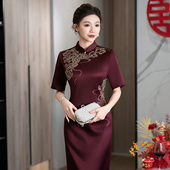 酒红色中长款 聚会日常可穿喜婆婆喜妈妈婚宴礼服 醋酸旗袍妈妈大码