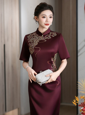 酒红色中长款醋酸旗袍妈妈大码聚会日常可穿喜婆婆喜妈妈婚宴礼服