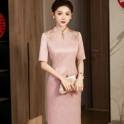 粉色醋酸旗袍喜妈妈长款婚宴礼服