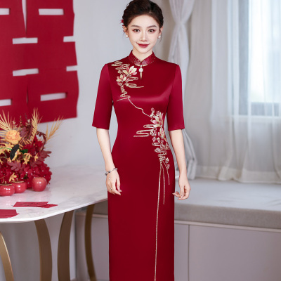 高档中长款醋酸刺绣旗袍妈妈礼服