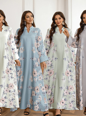 中东沙特长袖埃及穆斯林连衣裙女阿布扎比长袍花朵印花阿拉伯袍子