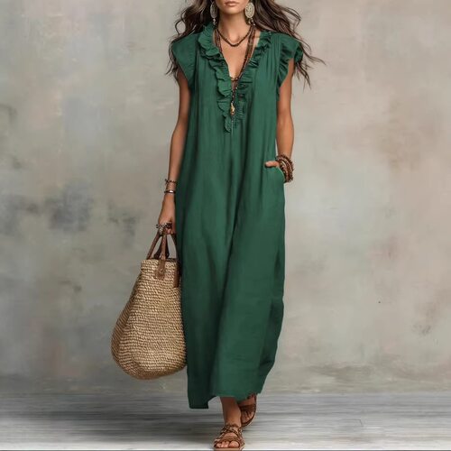 欧美跨境夏季新款飞飞袖连衣裙女外贸大码宽松度假长裙boho dress