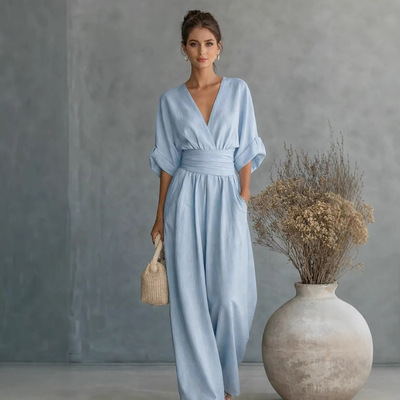 春夏高级感欧美风外贸连体裤女收腰垂感阔腿裤宽松休闲裤Jumpsuit