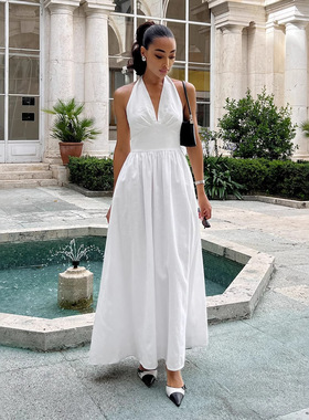 欧美风气质绑带挂脖连衣裙女春夏季露背收腰显瘦高外贸大摆长裙子