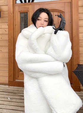 秋冬外套女宽松仿皮草欧美外贸西装领白色加厚貂毛毛绒大衣中长款