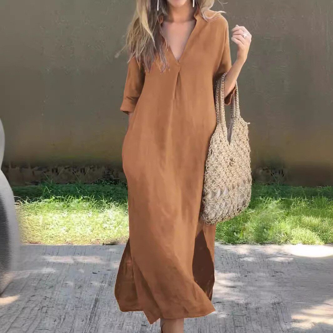 法式外贸连衣裙女夏宽松慵懒风显瘦遮肉欧美跨境长款衬衫裙dress