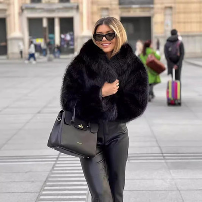 秋冬短款加厚外贸仿狐狸毛黑色皮草外套女欧美高级感大衣Fur coat