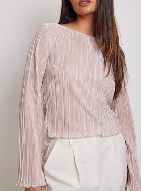 外贸压褶衬衣女欧美夏季优雅气质修身上衣喇叭袖后背绑带短款衬衫