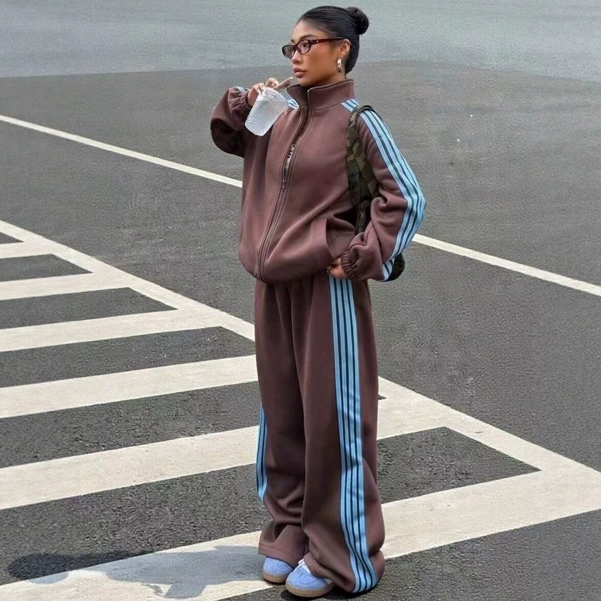 跨境秋冬女装撞色条纹运动服外套女欧美风宽松休闲时尚长裤两件套