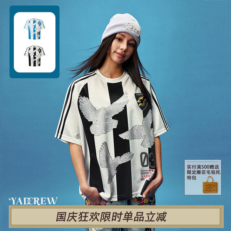 【丁禹兮同款】YAD蕾丝印花和平鸽条纹球服短袖T恤爽滑透气上衣图片