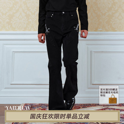 复古暗黑刺绣弹力修身牛仔裤