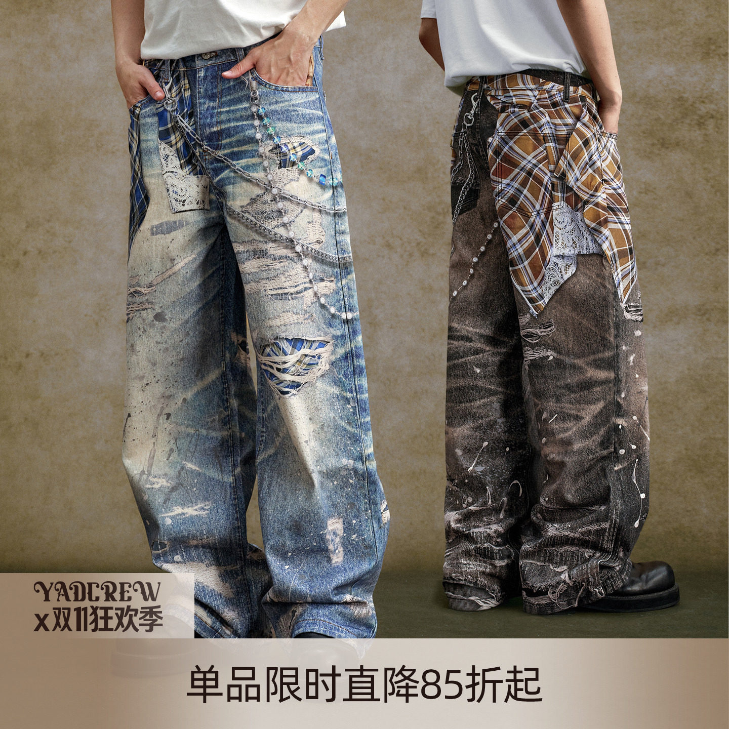 YADcrew扭曲衬衫链条打印3D做旧复古男女休闲弯刀破洞牛仔裤子