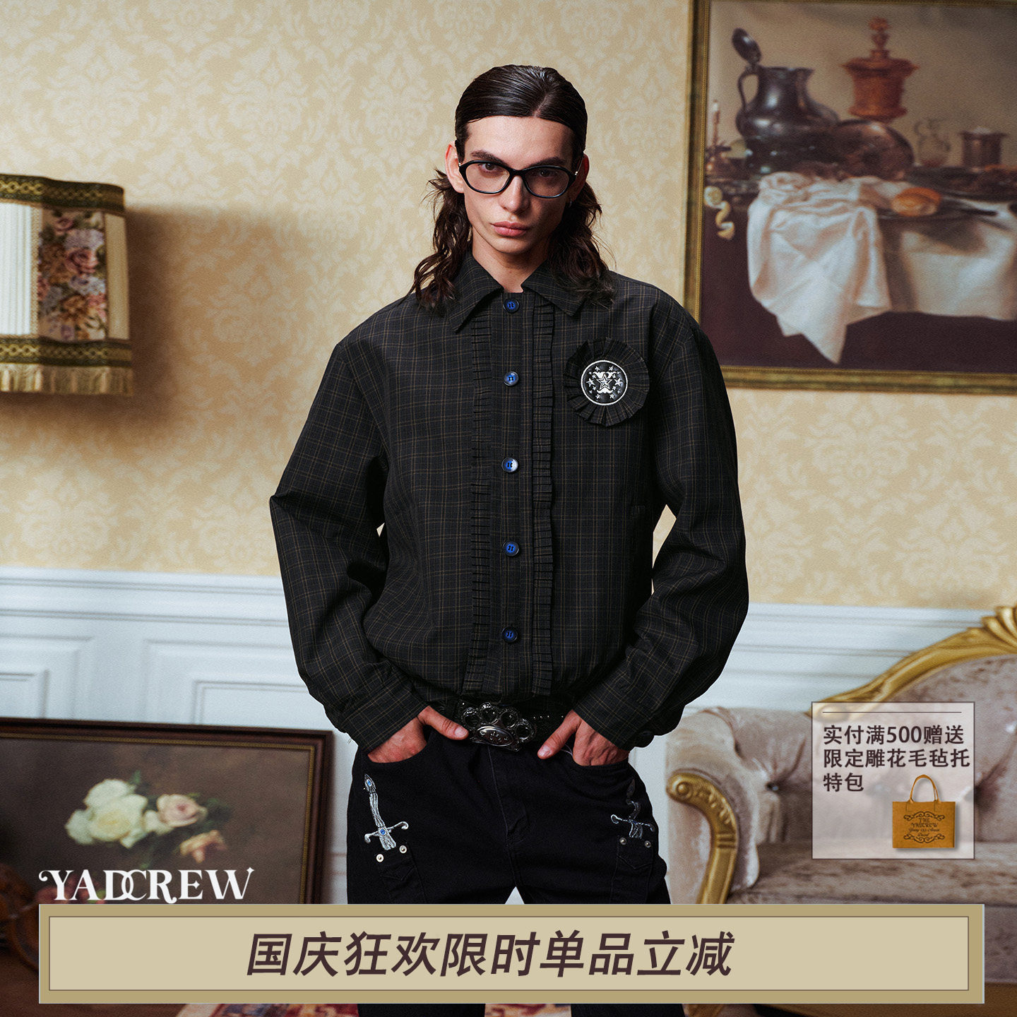 YADcrew美式复古千鸟格刺绣修身夹克外套格子宫廷翻领秋季外套图片