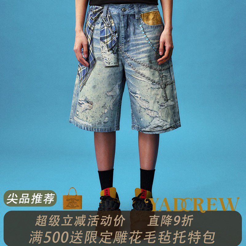 YADcrew亚德鲁 格纹衬衫链条打印牛仔短裤美式街头休闲七分牛仔裤