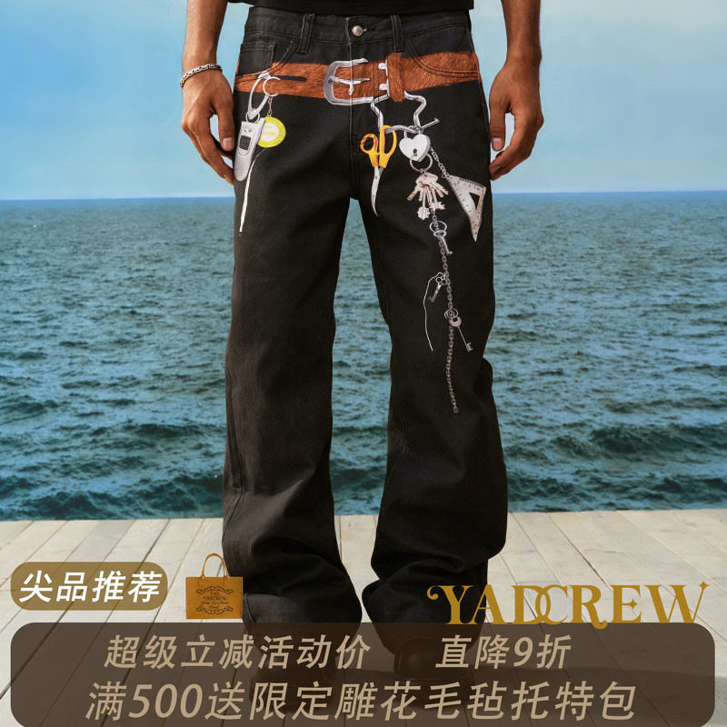YADcrew亚德鲁 "打工人"打印马毛腰带街头百搭时尚显高显瘦潮长裤