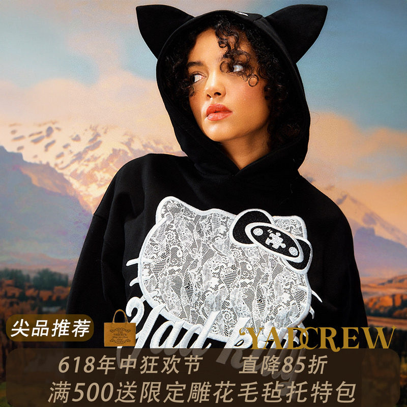 YADcrew冬季【抓绒保暖】套头蕾丝猫立体绣连帽卫衣宽松街头上衣