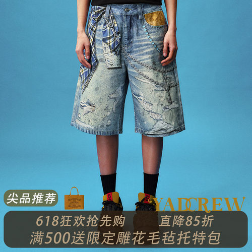 YADcrew格纹衬衫打印牛仔短裤