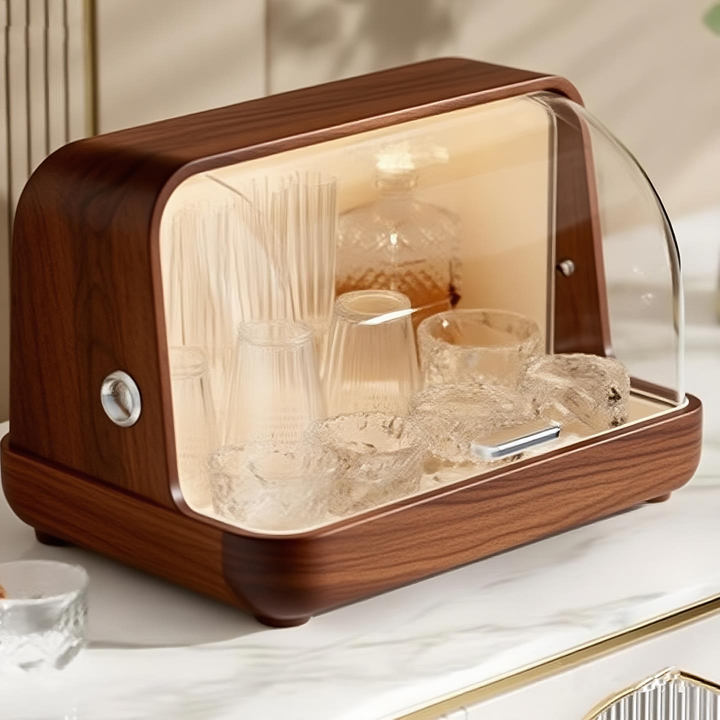 桌面杯子收纳盒家用防尘玻璃杯奶瓶置物沥水架多功能翻盖茶杯架子