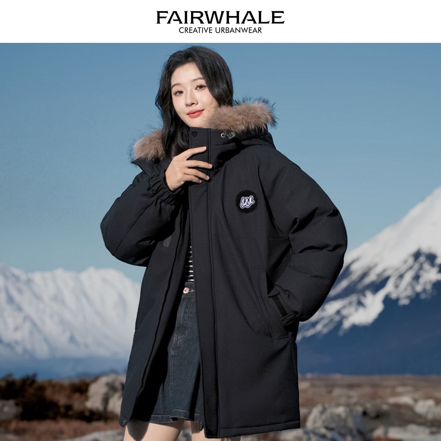 马克华菲2025新款男女情侣中长款羽绒服中性貉子毛领时尚韩版厚