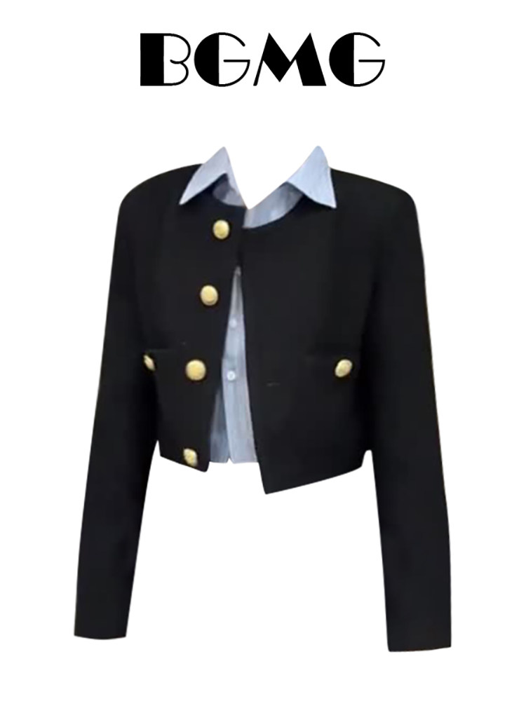 출퇴근 스타일의 향기로운 짧은 재킷 우아한 블랙 가디건 하이 엔드 탑 가을 스트라이프 셔츠 투피스 세트