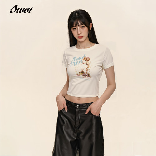 SWOT中国 短袖T恤女短款2026夏季新款线圈狗印花圆领休闲上衣