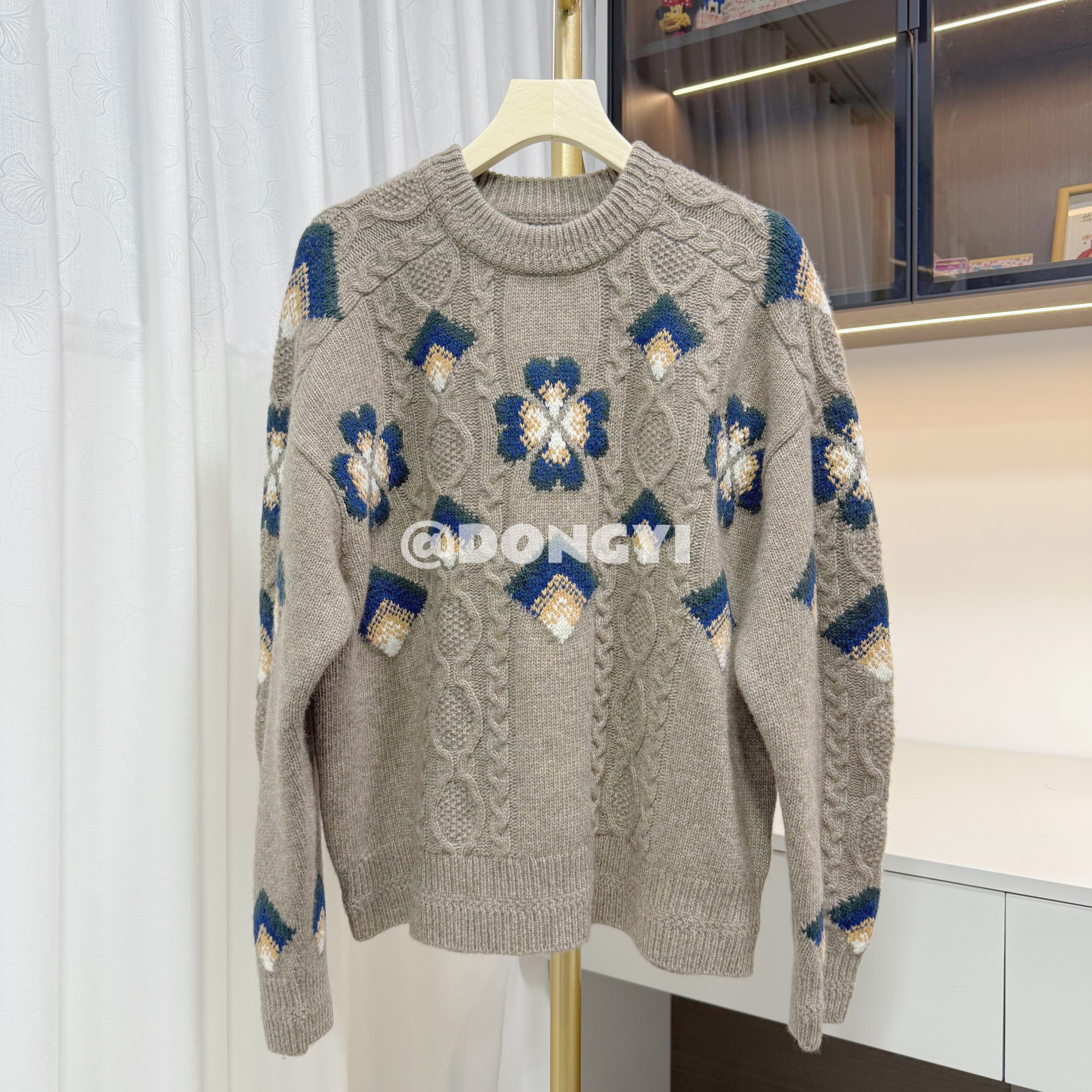 【DY】菱形格四叶草提花毛衣绵羊毛混织绞花针织衫女宽松套头圆领