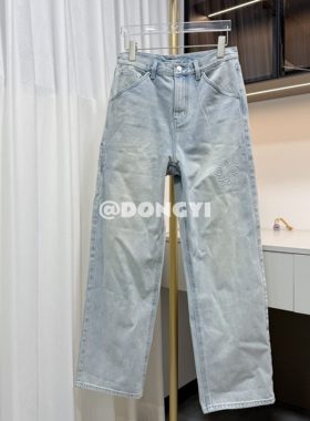 【DY】时尚压花工装风牛仔裤水洗浅蓝色高腰直筒牛仔裤土耳其纯棉