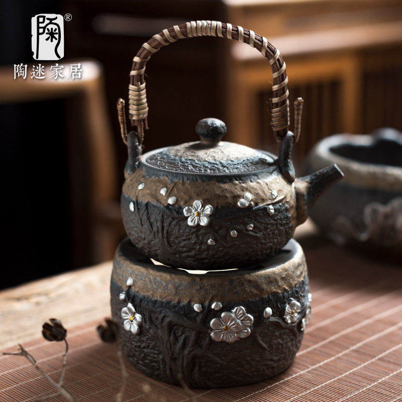 陶迷鎏金釉酒精温茶装饰提梁壶