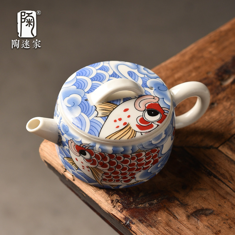 陶迷青花龙鱼茶壶国风汉瓦壶单壶高档泡茶功夫茶具复古贴花大号壶,餐饮具,茶壶,淘宝优惠券,粉丝福利购,淘宝优惠卷