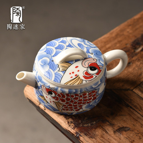 陶迷茶壶贴花龙鱼国风汉瓦壶