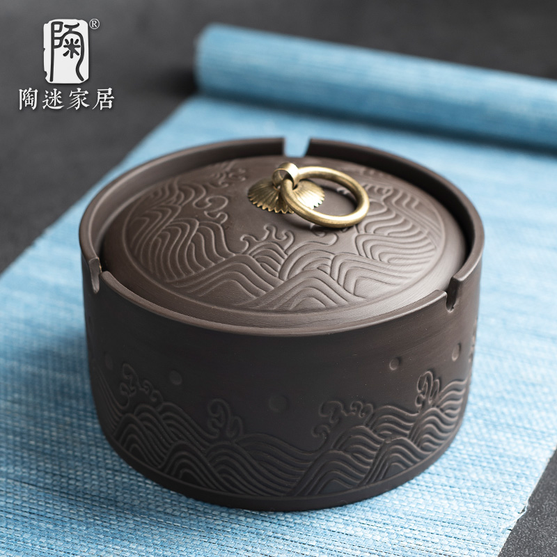 陶迷紫砂烟灰缸带盖防飞灰