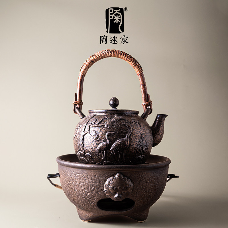 陶迷鎏金铁釉提篮兽面碳炉一体陶瓷围炉煮茶提梁壶套装复古明火炉