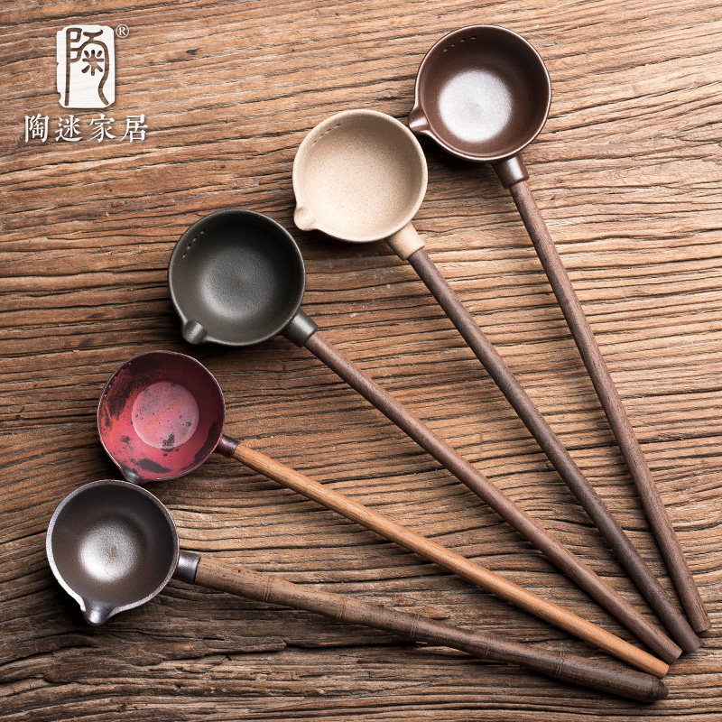 陶迷手工小窑柴烧干泡分茶勺黑檀木拼接手柄中式茶道茶艺陶瓷配件