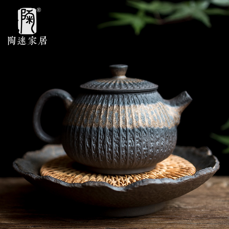 陶迷粗陶鎏金茶壶手抓壶窑变功夫茶具提梁壶复古泡茶器老岩泥单壶