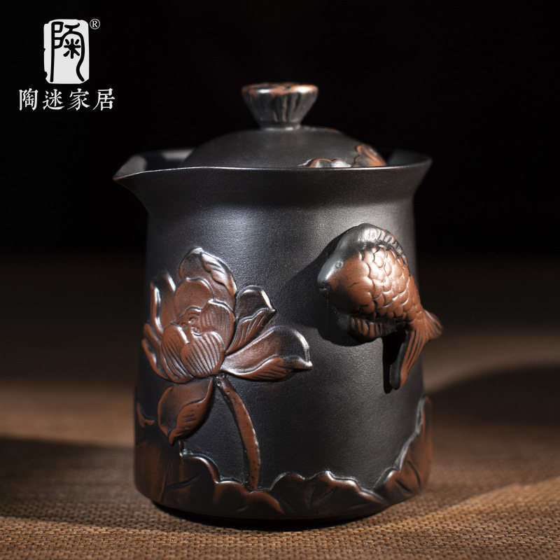 陶迷紫陶手抓壶浮雕鱼戏荷塘复古手工满雕紫砂壶功夫泡茶壶便携壶