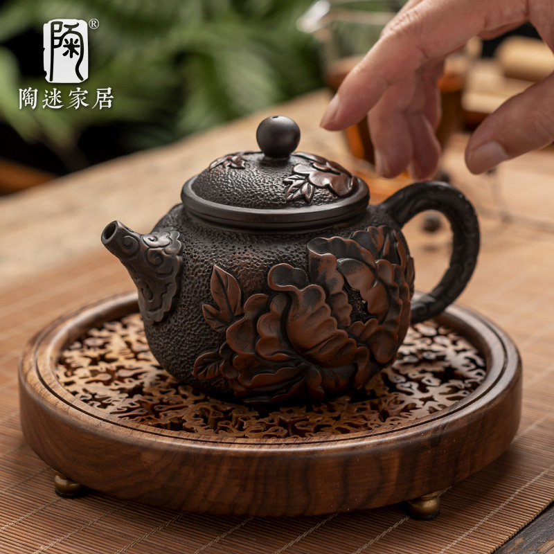 陶迷紫陶泡茶壶手工浮满雕牡丹花荷花中式紫砂泡茶单壶高端商用壶