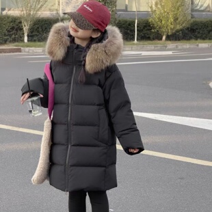 韩国冬儿童90绒羽绒服长款加厚男女童中大童貉子毛领保暖抗寒外套