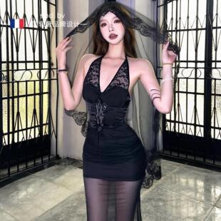 万圣节穿搭网纱拼接挂脖连衣裙2025新款 现货高定 黑色御姐V领包