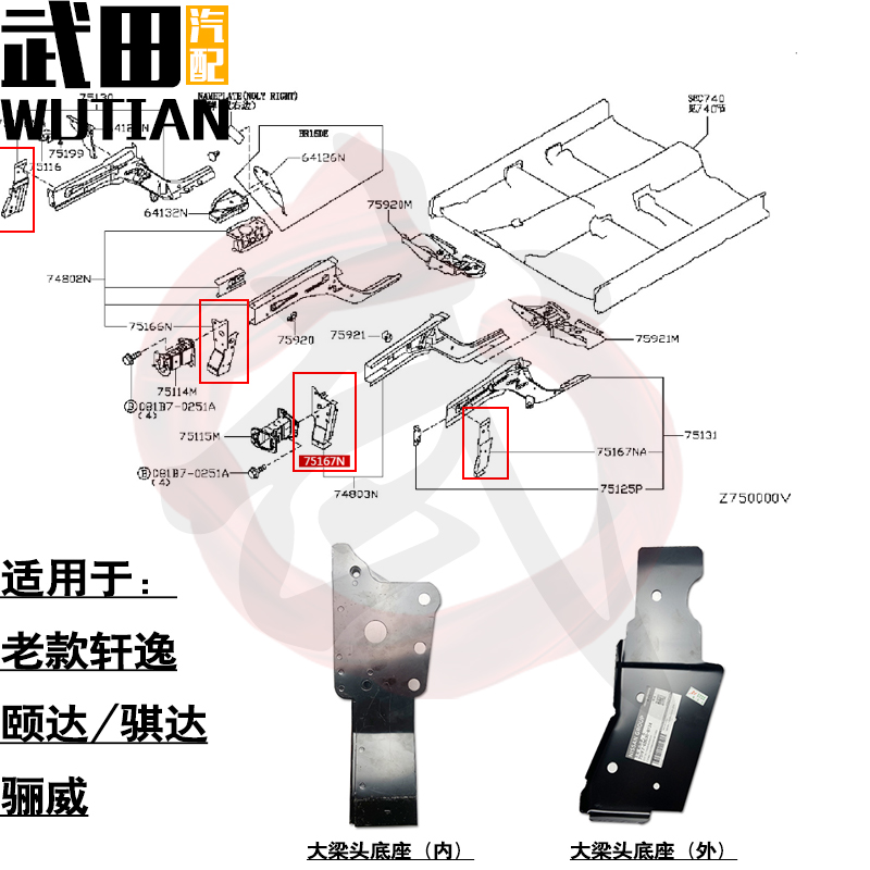 适用于老款轩逸颐达骐达骊威前杠防撞梁大梁头底座纵梁头支架原车