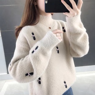 女童冬季加绒加厚高级感毛衣2025新款中大童洋气半高领猫咪打底衫