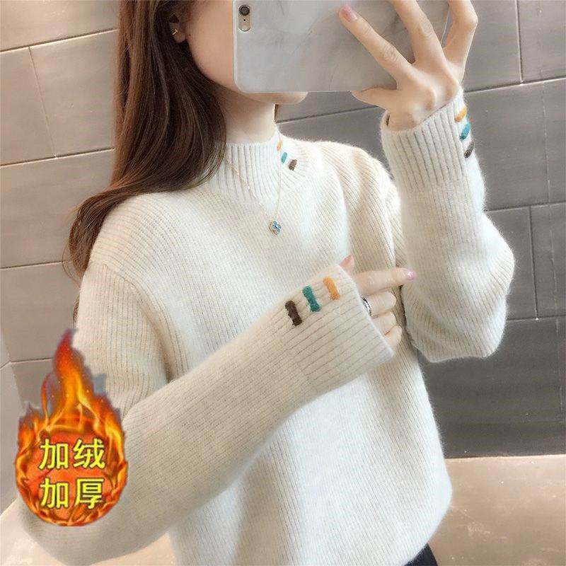 女童半高领加绒毛衣2025新款冬季加厚中大童秋冬内搭绣花针织上衣