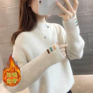 女童半高领加绒毛衣2025新款冬季加厚中大童秋冬内搭绣花针织上衣