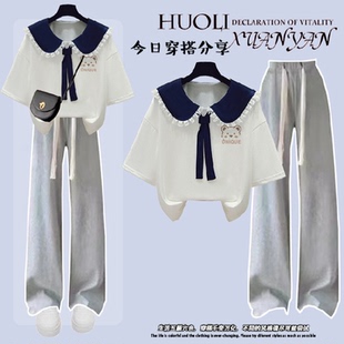 时尚潮流女童2026年新款洋气时髦套装夏中大童纯棉海军风短袖t恤