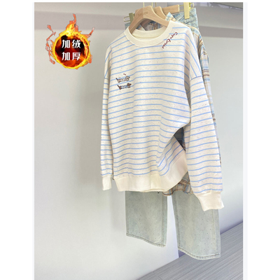 女童超好看卫衣2025新款今年流行爆款中大童刺绣条纹长袖加绒上衣