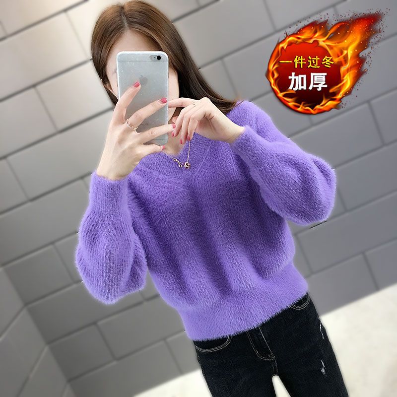 女童水貂绒短款小毛衣2025新款中大童加厚V领秋冬针织打底衫上衣