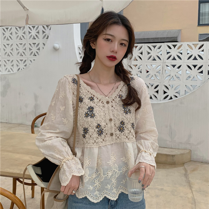 Real price chic design knitted embroidery stitching shirt women's versatile retro V-Neck long sleeve