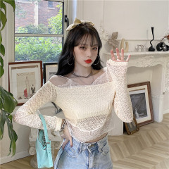 Real price one neck short lace shirt design feeling off shoulder clavicle fake two pieces of top