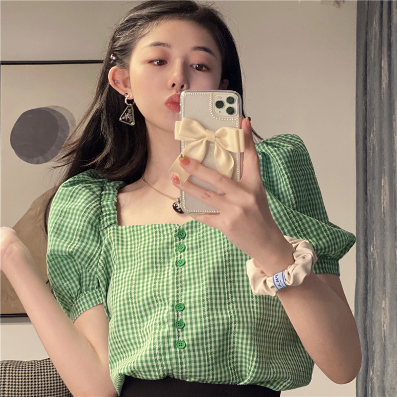 Real price Plaid versatile thin and age reducing loose bubble sleeve top